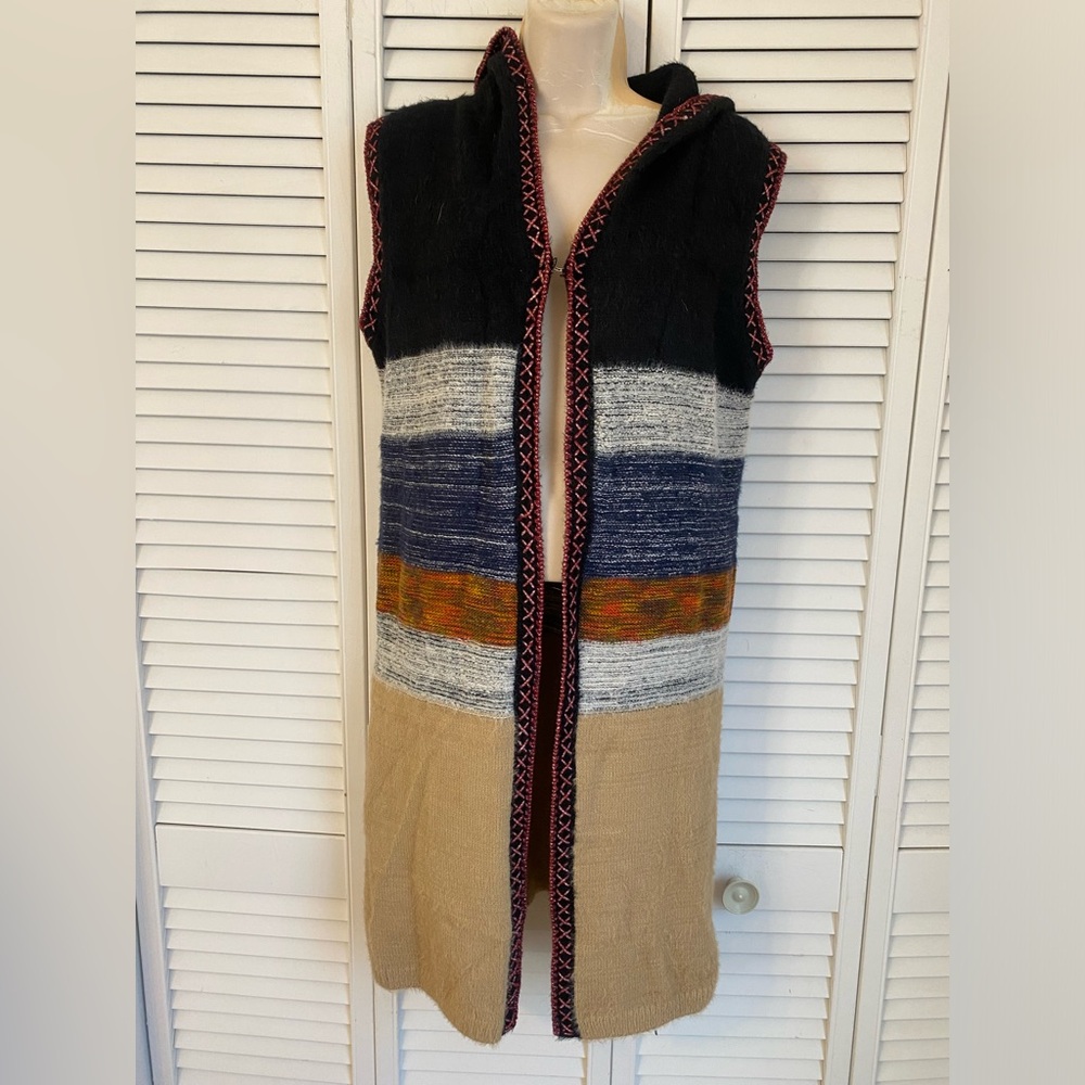 Womens Long Duster Sleeveless Cardigan Hood Artsy Granola Boho Southwestern